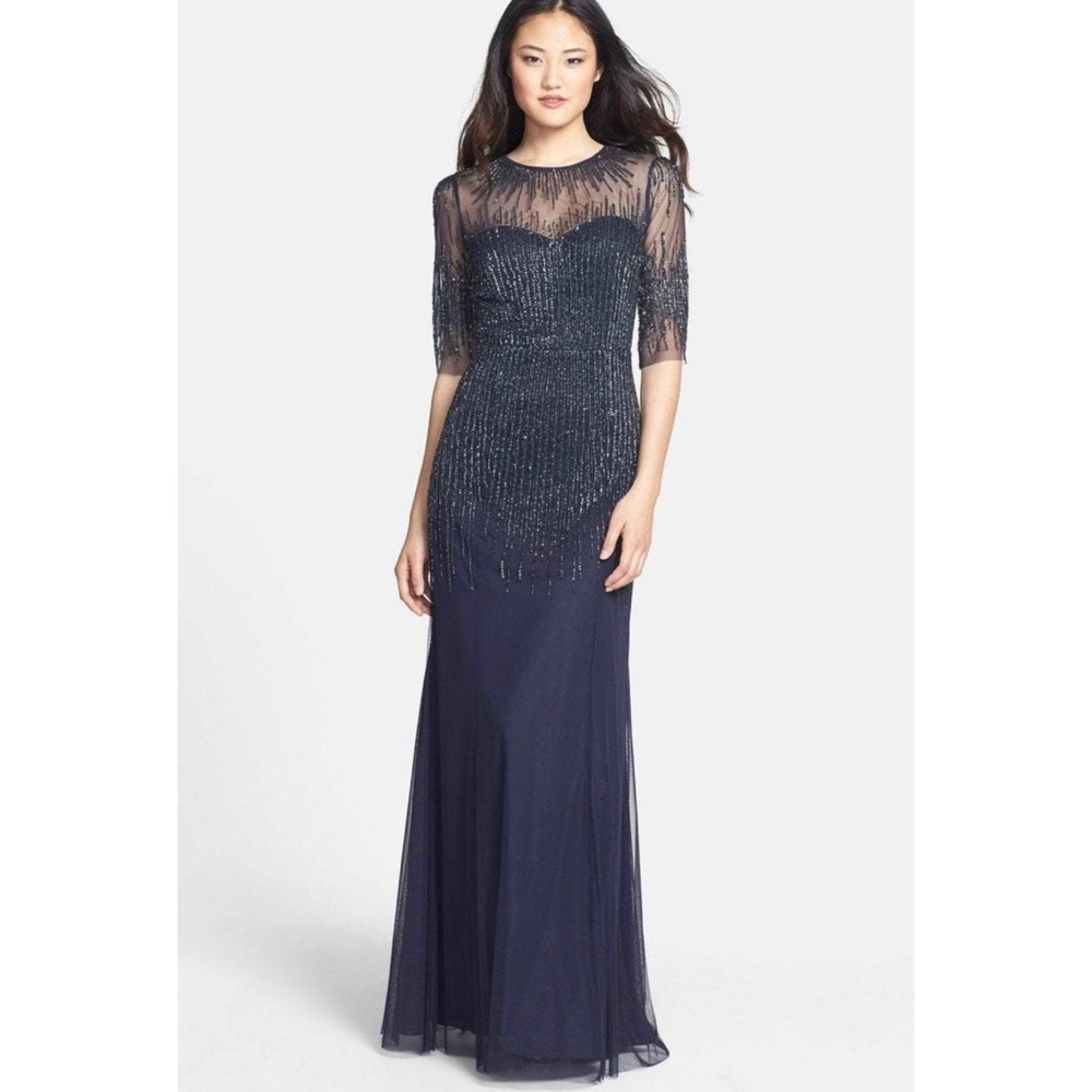 Adrianna Papell Embellished Illusion Jewel Sheath Gown Dress Midnight Sequin 16